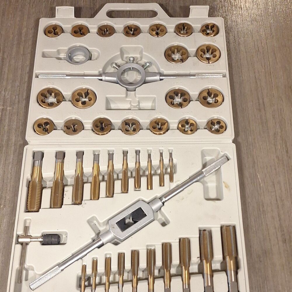 Gold Silver Steel Tap & Die Set with Tap Wrenches Dies in Plastic Case